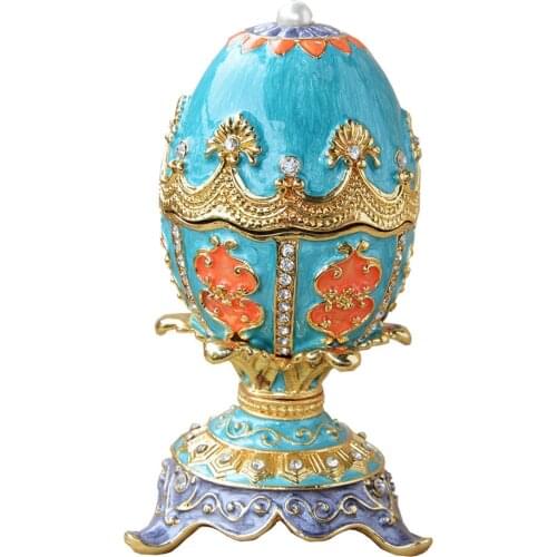 Easter blue Russian egg jewelry trinket ring box Vintage decor metal alloy crafts birthday/Christmas gift collectible