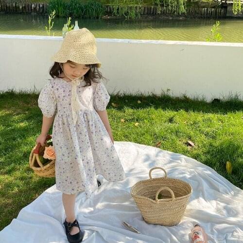 Girls Flowers Dress Print Cotton Toddler Clothes for Kids Summer Outfit Wearing with Bows Korean Cute Designer Clothing
