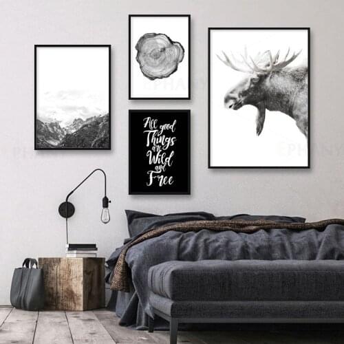 Nordic Nature Mountain Poster Black White Deer Wall Art Canvas Print Painting Decoration Picture Living Room Modern Home Decor