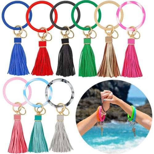 Rainbow Color Monogram Leather Tassel Women Key chain Bag Pendant Alloy Car Key Chain Ring Holder Retro Jewelry