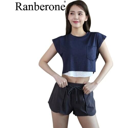 Ranberone Yoga Top Summer Seamless Yoga Shirt Gym Clothes Fitness Women Short Sleeve Sport Crop Top 2021 Workout Tracksuits