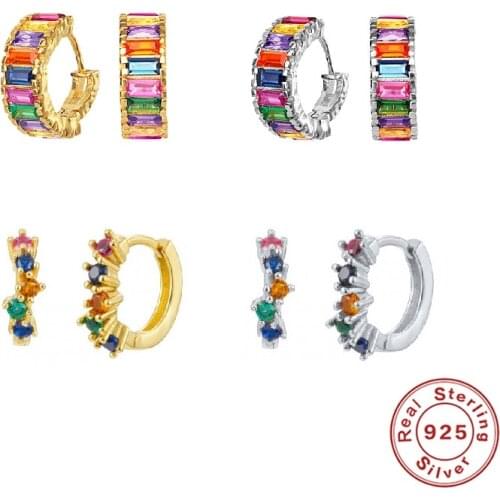 AIDE Colorful Zircon Hoop Earrings for Women Fashion Real 925 Sterling Silver Piercing Earings Jewelry pendientes Gift kolczyki