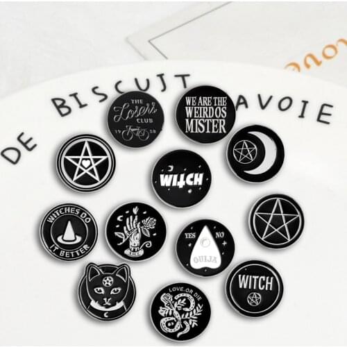 Collect Various Round Punk witch Coin styles Badges Brooches Denim Enamel lapel pins Gifts for cool men women Jewelry wholesale