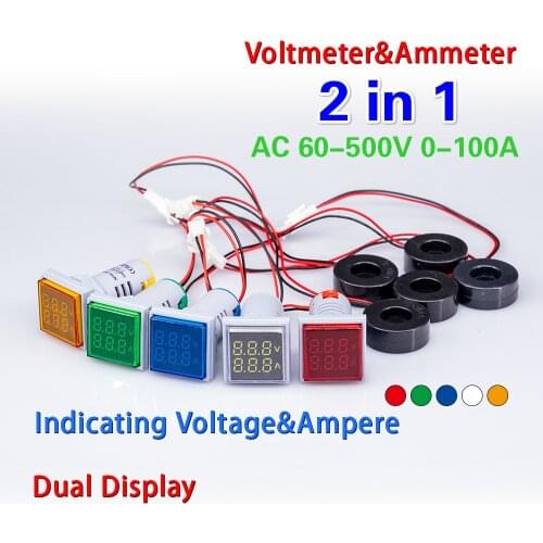 New Square 2in1 LED Digital Dual Display Voltmeter Ammeter Voltage Gauge Current Meter Measurement AC 60-500V 0-100A 22mm