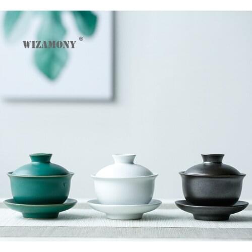 WIZAMONY Handmade retro coarse pottery bowl-covered ceramic three talents bowl-covered tea supporting Kung Fu tea set tea maker