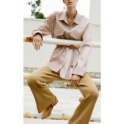 Womens Fake Leather Coat Shirt Single Breasted Color Patchwork Lace-up Turn-down Collar Female Loose Mid-length Jacket Pockets