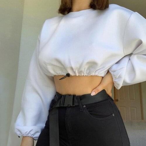 2019 Autumn Women Fashion Sexy Lumbar Pullover Round Neck Lantern Sleeve Hoodie Casual Turtleneck Knitted Loose Short Jumpers