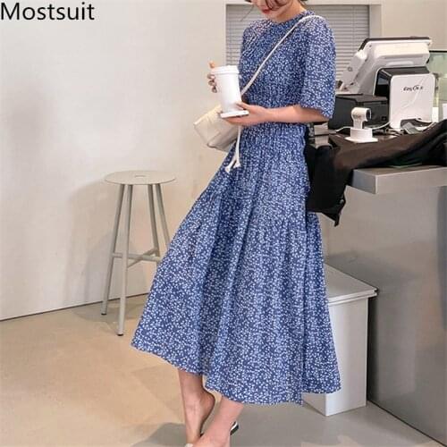 Korean Printed Women Long Dress 2021 Summer Short Sleeve O-neck Elastic Waist A-line Midi Dresses Vintage Elegant Ladies Vestido