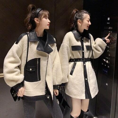Women Lambwool Shirling Furry Coat Winter Korean Style Stitching Loose Thick Jacket casaco camurça feminino casaco pelucia