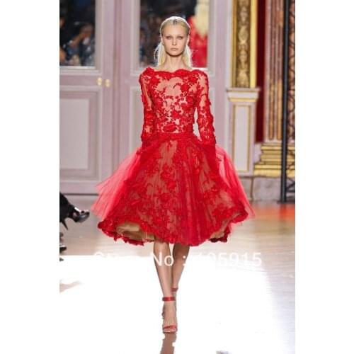 Zuhair Murad Red See Through Lace Beads Cocktail Dresses Short Prom Dresses Elastic Satin RS-38