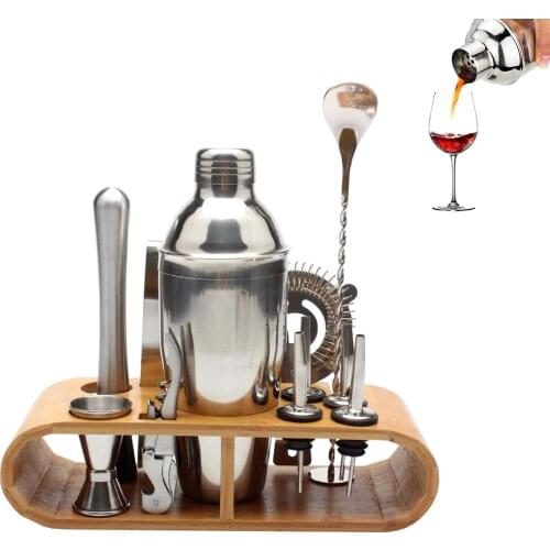 12pcs/set Stainless Bar Cocktail Shaker Set Barware Set Shaker Set Wooden Rack Stand Cocktail Shaker Set for Home Bar Party