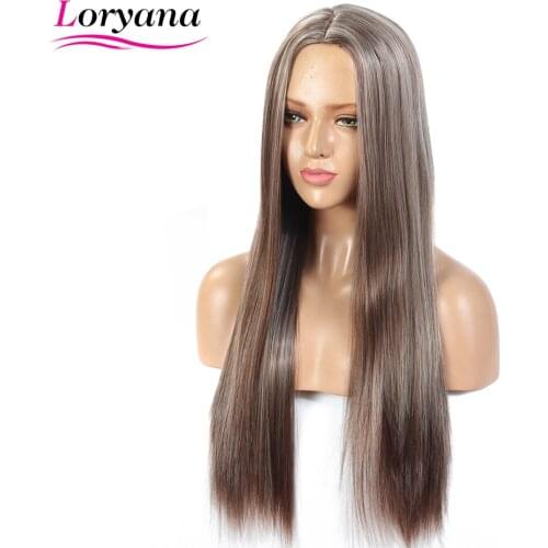 Loryana Long Synthetic Wigs Ombre Brown Blonde Straight Middle Part 24 inches Can Be Cosplay Wigs Heat Resistant For Women