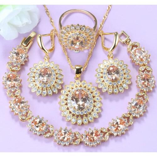 Luxurious Arab Gold Color Jewelry Sets Champagne Zircon Sunflower Fashion Wedding Costume Necklace And Earrings For Women Gift