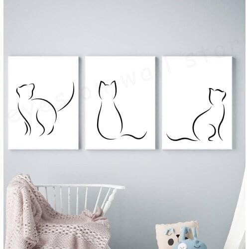 Black Line Draw Cat Sitting Gesture Wall Art Picture Animal Canvas Poster Minimalist Painting Nordic Kids Baby Room Decor