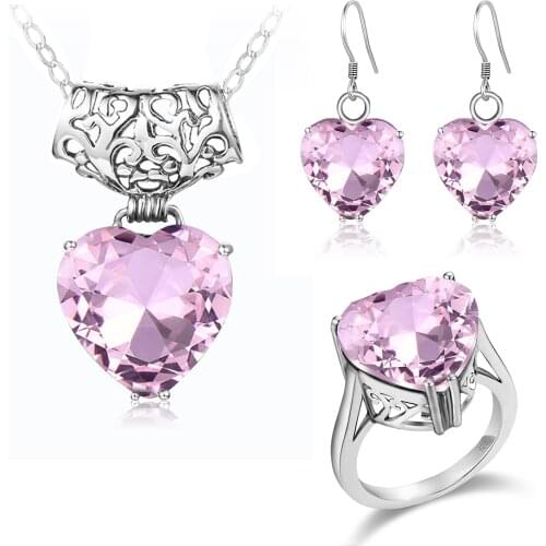 SDOOU Heart Ring Drop Earrings Pendant Necklace Bridal Jewelry Sets Pink Crystal Cute Romantic Gemstone Fine Jewelry Wedding Hot