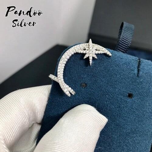 Pandoo Fashion Charm Sterling Silver Original 1:1 Copy,Arabian Nights Moon With Stars Clip Earrings Jewelry Gift For Female