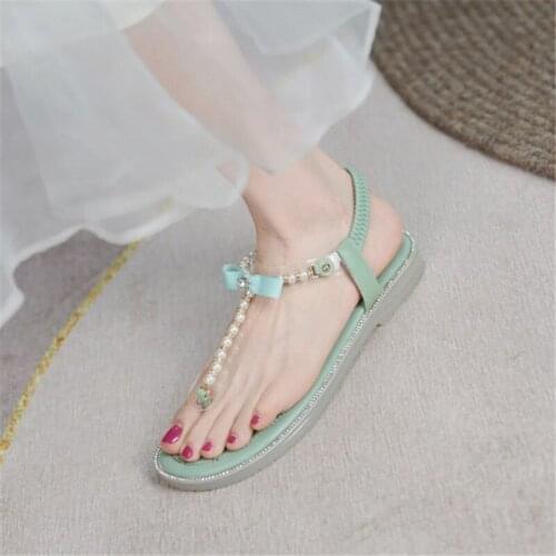 PXELENA Pearls Crystal Women Genuine Leather Beach Thong Sandals T tied Elastic Band Low Heels Girls Seaside Shoes Green Summer