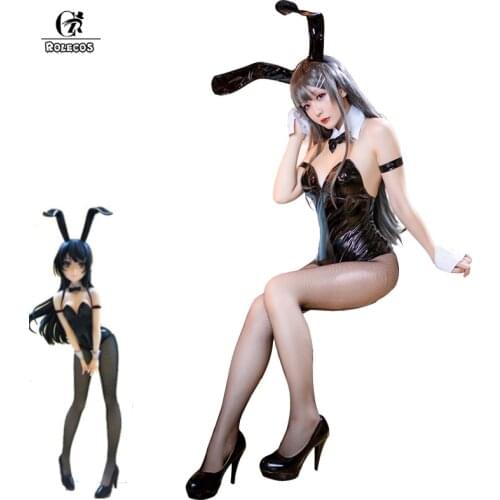 ROLECOS Sakurajima Mai Anime Cosplay Costume Women Sexy Costume Bunny Girl Cosplay Wigs Shiny Leather Jumpsuit Party Bodysuit