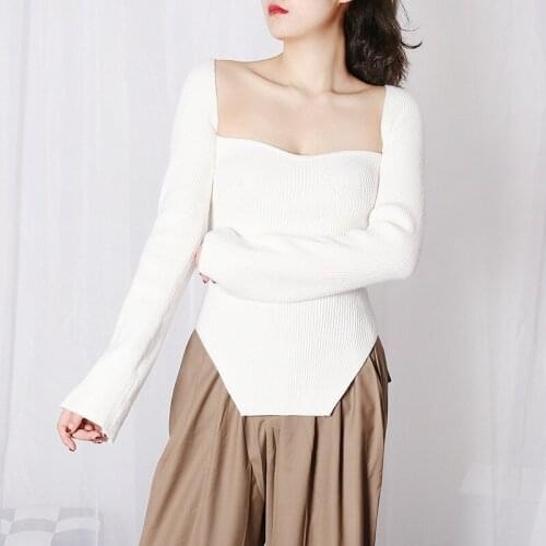 2021 Spring Solid Square Collar Women Pullover Sexy Fashion Irregular Tops Knitted Slim Bodycon Sweaters Vintage Elegant Pull