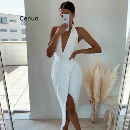 Deep V Neck Summer Dress Women Strapless High Split Midi Dresses Female Sexy Backless Elegant Bodycon Vintage Dress Femme