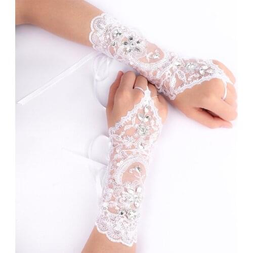1 pair Trendy Bride White Short Gloves Beads Rhinestone Lace Fingerless Gloves For Weddings Свадебные белые перчатки