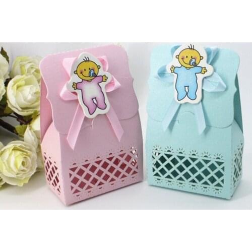 12pcs 6.4x3.5x10cm DIYBaby birthday gift box first year candy boy blue stick carved Cute Boy And Girl Paper Baptism Baby Shower