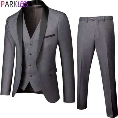 3pcs Men Gray Suit One Button Shawl Collar Suits Pants Mens Business Formal Tuxedo Suit Blazer Jacket Coat+Trousers +Waistcoat