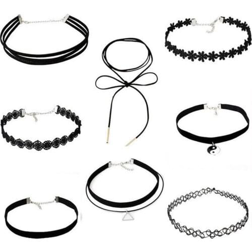 6/8/10 Pcs Chain Black Lace Choker Gothic Retro Collar Necklace Choker Pendant Aesthetic Jewellery Christmas Party Girl Necklace