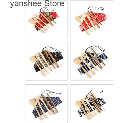 Biodegradable natural bamboo tableware 6-Piece cloth bag kitchenware accessories knife + chopsticks + fork + spoon + straw
