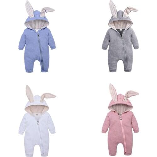 Cute Autumn Infant Baby Boy Girl Rabbit Ears Rompers Cotton Soft Jumpsuit Overall Warm Clothes 0-24M