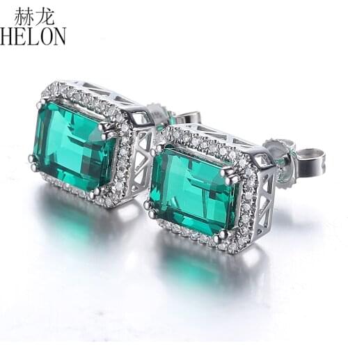 HELON 2.1ct 5x7mm Cushion Cut Genuine Treated Emerald Diamonds Engagement Earrings in 10K White Gold