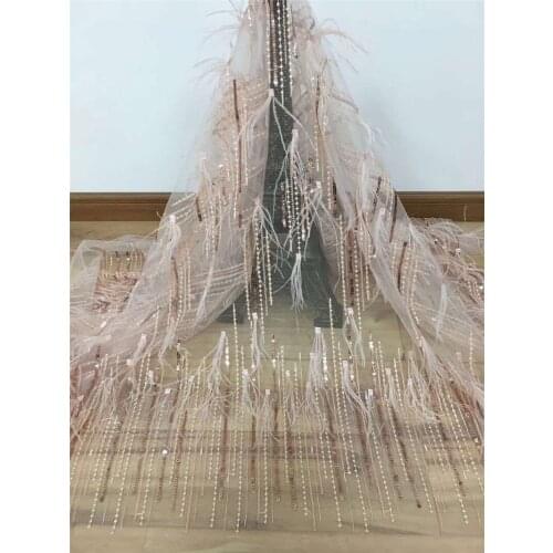 Good design sequins YG-701 French Nigerian Laces Fabrics with featherHigh Quality African Laces Fabric Wedding