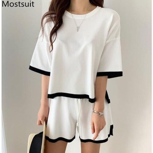 Summer Knitted Two Piece Shorts Set Women Short Sleeve Tops + Elastic Waist Shorts Color-blocked Casual Fashion Matching Set