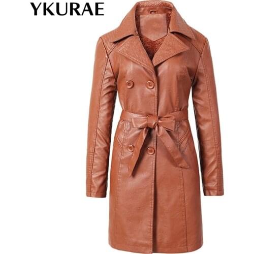 Womens Leather Jacket PU Female Fur Coat Warm Winter Outerwear Windbreaker Elegant Trench Coat Tie Belt Long Streetwear FL058