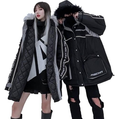 Winter Hooded Oversize Couple Hip Hop Coat Long Fur Collar Women Windbreakers Fleece High Street Black Jacket Warm Streetwear