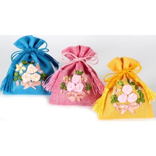 Tassel Small Linen Cloth Bags Drawstring Party Gift Bags Handmade Ribbon Embroidery Wedding Favor Bags Jewelry Packaging 10pcs