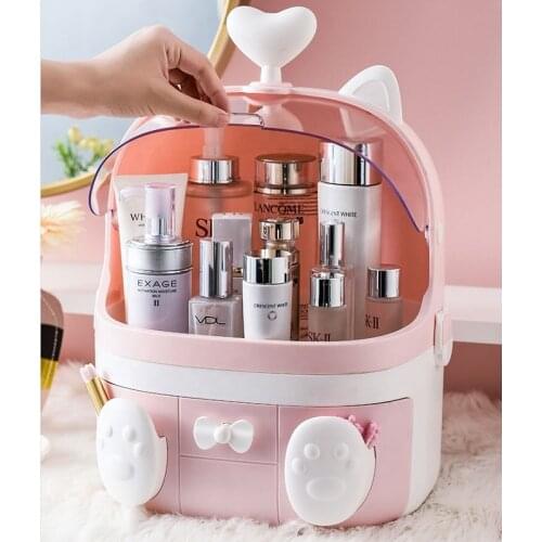 Lovely pink cat cosmetic organizer portable makeup organizer with drawer
