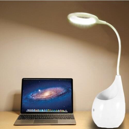 USB Desktop Charging LED Table Reading Lighting Pure White Mini Touch Desk Night Lamp with Pen Container for Home Living