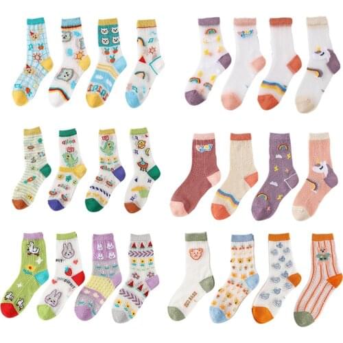 4 Pairs New Boys Girls Cartoon Cute Mesh Socks Spring Autumn Korean Style Combed Cotton High Tube Sock Childrens Socks 1-12Y