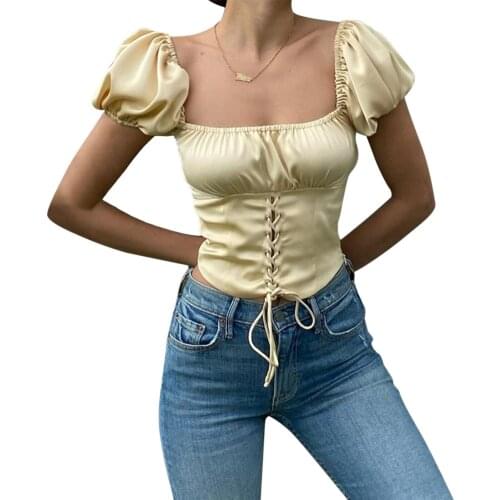 2021 New Women’s Fashion Puff Sleeve Pullover Tops Korean Solid Color Lace-Up Exposed Navel T-shirt