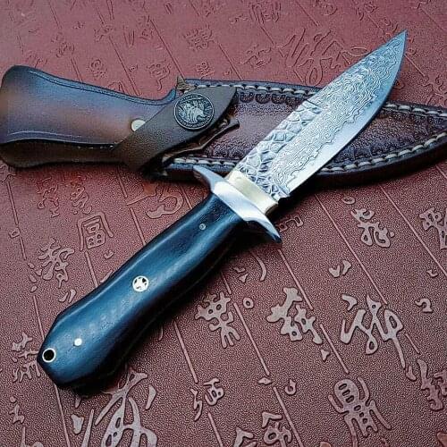 Damascus steel Fixed Blade Knife Full Tang Knives Outdoor Camping Survival Tools Handwork Hunting Knives black wood Handle