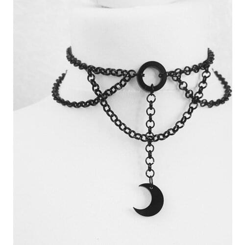 Moon Gothic Chains O Ring Choker Black Moon Necklace, Crescent Moon Pendant