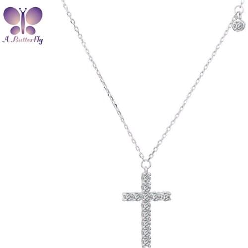 925 Sterling Silver Cross Necklace Shiny Super Zircon Simulation Diamond Cross Fashion Religious Necklace Jewelry