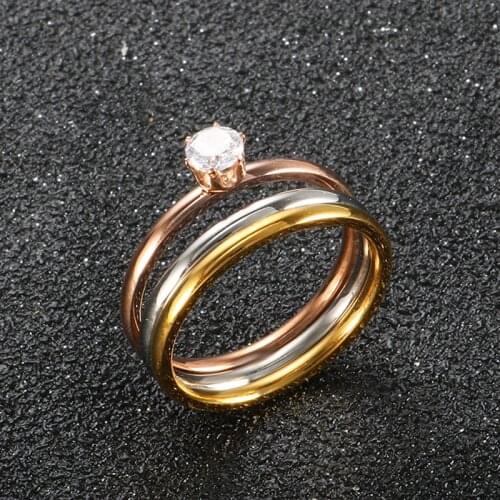 Simple Three Color Rhinestone Ring For Women Men High Quality Stainless Steel Elegant Engagement Wedding Couple Finger Jewelry