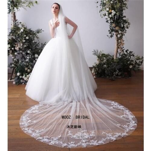 Real Photo 3.5m One Layer Bridal With Comb White Lace Edge Ivory Appliqued In Stock Cathedral Wedding Veis l