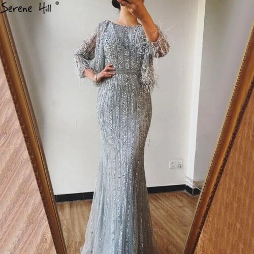 Grey Mermaid Long Sleeves Dubai Evening Dresses Luxury Diamond Beading O-Neck Formal Dress 2020 Serene Hill LA70503
