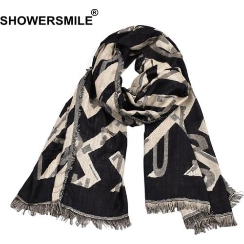 SHOWERSMILE Men Scarf Letter Print Winter Scarf Male Tassel Pashmina Black Navy Red Fashion Mens Designer Brand Scarves