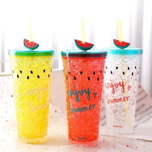 Watermelon crushed ice cup net red girl heart cute straw cup man capacity plastic water cup double cooling cup double wall glass