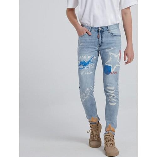 European American Street Fashion Men Jeans Retro Light Blue Printed Designer Slim Jeans Men Night Club Hip Hop Denim Punk Pants