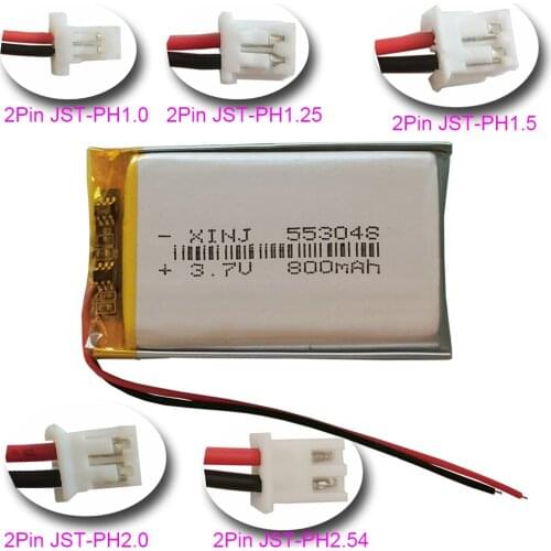 XINJ 3.7V 800mAh Polymer Rechgerable Lipo Lithium Li Battery 553048 2Pin JST-PH 1.0 1.25 1.5 2.0 2.54mm For GPS Camera DashCam
